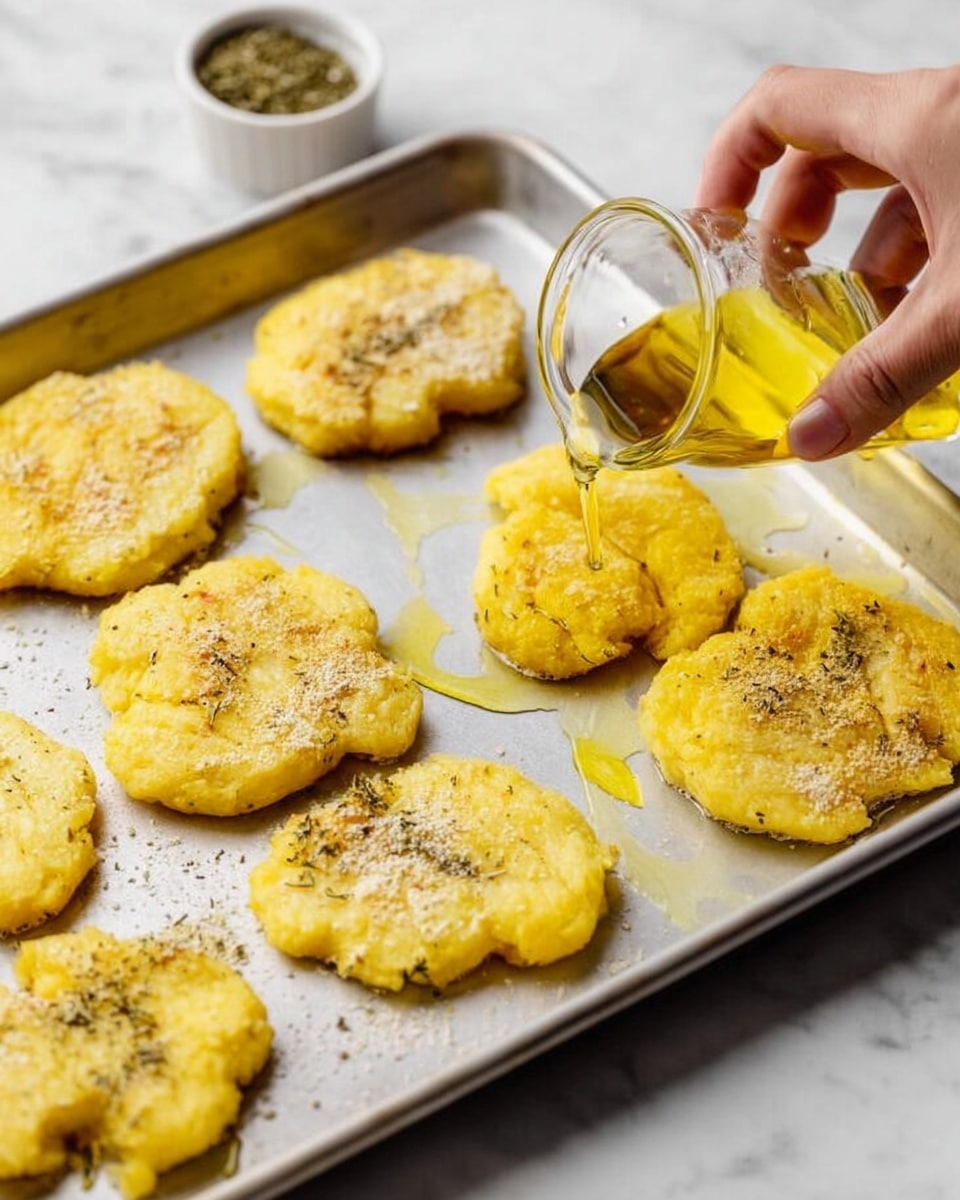 The image shows a silver baking tray with eight golden yellow, flat, irregularly shaped patties spread out evenly. Each patty has a lightly browned, crispy texture on top with soft, tender edges that look slightly crumbly. A woman's hand is pouring a small glass container of golden oil over one of the patties. The background is a white marbled surface and a small white bowl filled with herbs is visible on the side. The scene is brightly lit, emphasizing the warm colors and textures of the food photo taken with an iphone --ar 4:5 --v 7