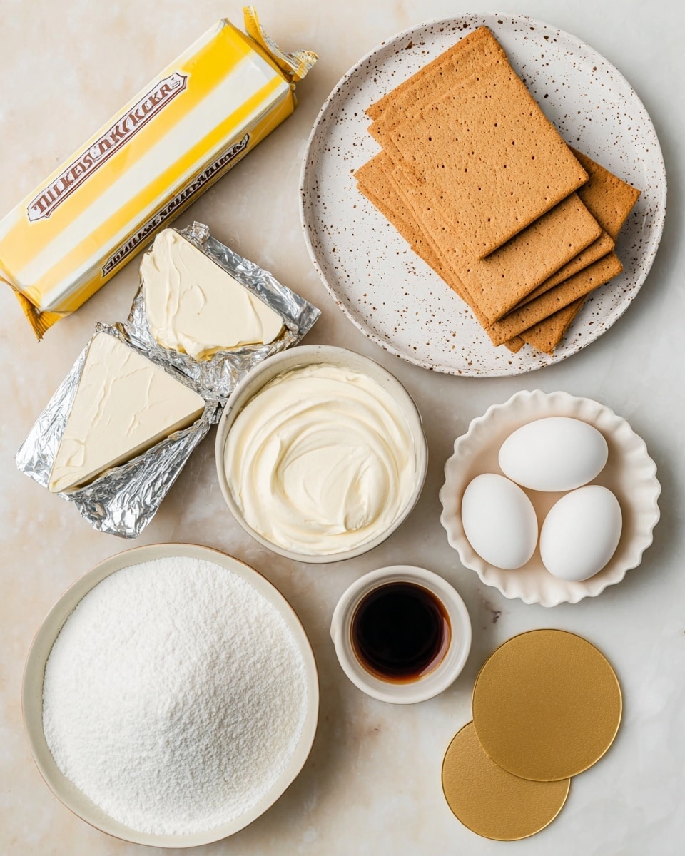 The image shows a flat lay of baking ingredients arranged neatly on a white marbled surface. At the top right, a white speckled plate holds five rectangular, light brown graham crackers stacked slightly overlapping. To the top left, a yellow and white wrapped stick of unsalted creamy butter lies horizontally. Below the butter, a small round bowl filled with smooth white cream is visible. In the center are two open silver foil packs containing soft white cream cheese. To the right of the cheese, a small white scalloped dish holds two white eggs. At the bottom left, a white plate is filled with fine white sugar. Next to the sugar is a tiny white plate with a dark brown liquid, likely vanilla extract. Three golden round paper circles lie near the eggs. The entire setup is clean, organized, and ready for baking. Photo taken with an iphone --ar 4:5 --v 7