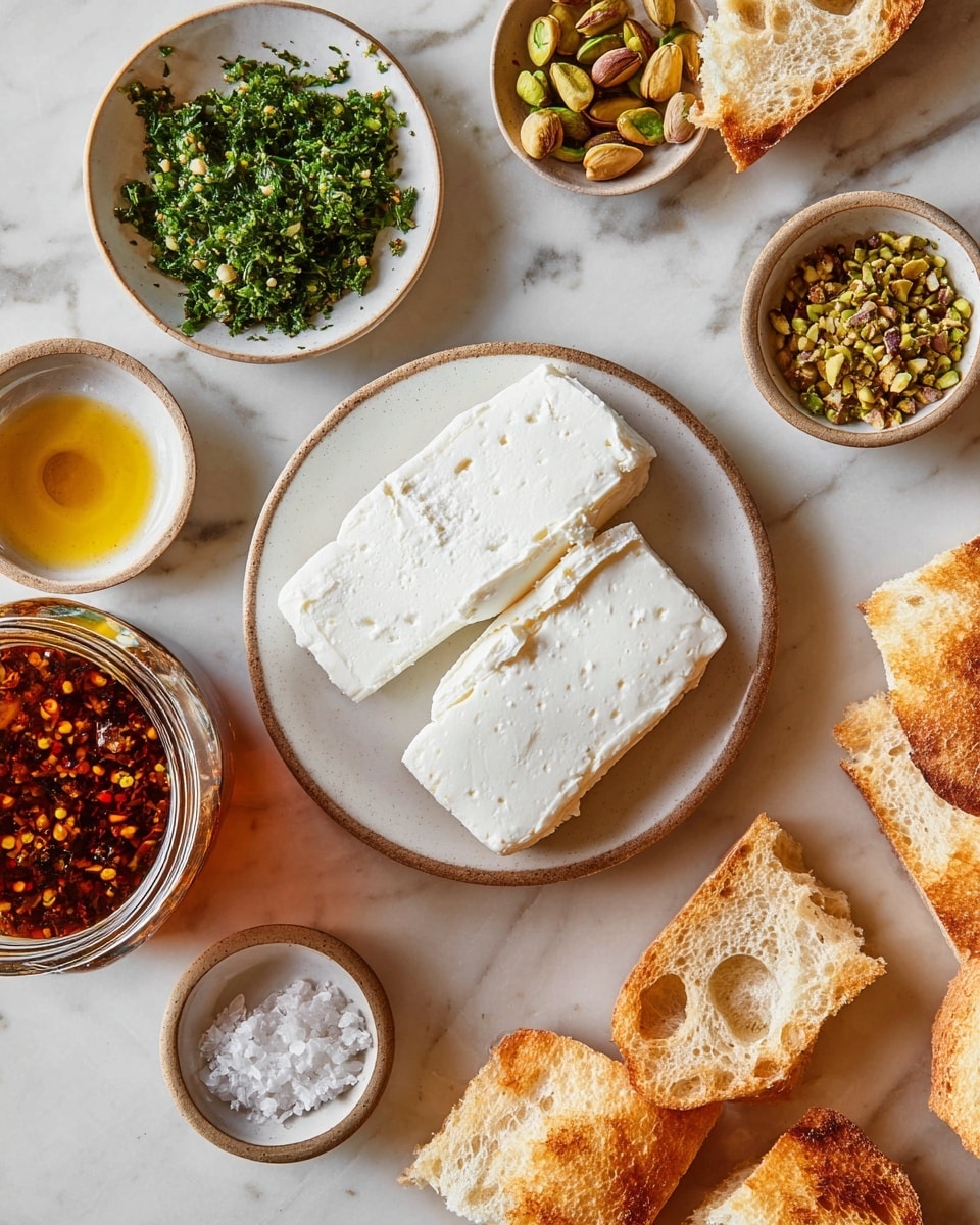 The image shows a food setup on a white marbled surface with a central white plate holding three thick, white, soft cheese slices with a smooth texture and slightly torn edges. Around this plate, there are several small white bowls: one filled with chopped green herbs, one with crushed green nuts creating a rough texture, one containing coarse salt with a grainy texture, and one small bowl with a golden oil mixture. A larger glass jar has a reddish-brown sauce with visible chili flakes floating inside. Several toasted bread slices with a golden-brown crust and airy holes are scattered around the setup. The scene is clean and well-lit, highlighting contrasting colors and textures. photo taken with an iphone --ar 4:5 --v 7
