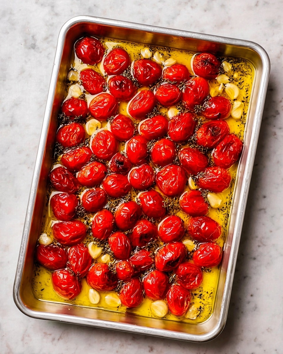 A silver baking tray filled with two layers: the first layer is a shiny golden-yellow olive oil base with herbs and several clove-shaped garlic pieces scattered throughout, and the second layer is a single spread of bright red, roasted cherry tomatoes with wrinkled skins resting evenly on top. The tray is placed on a white marbled surface. photo taken with an iphone --ar 4:5 --v 7