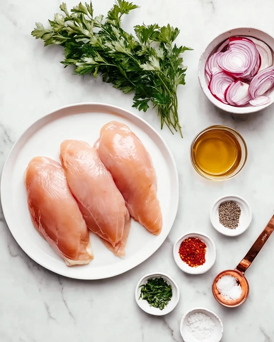 The image shows three raw chicken breasts placed side by side on a white plate, which is laid on a white marbled surface. Above the plate, there is a small bowl with pieces of red onion circular slices and a small cup with a golden liquid, likely oil or syrup. To the left of the plate, there is a small bunch of fresh green parsley. Nearby are five small white dishes: one with salt, one with black pepper, one containing fresh green herbs, and two others holding red spices, one bright red powder and the other red flakes. The handle of a small copper saucepan with a wooden handle points upward near the center. The composition is clean and arranged neatly, with a bright natural light. photo taken with an iphone --ar 4:5 --v 7