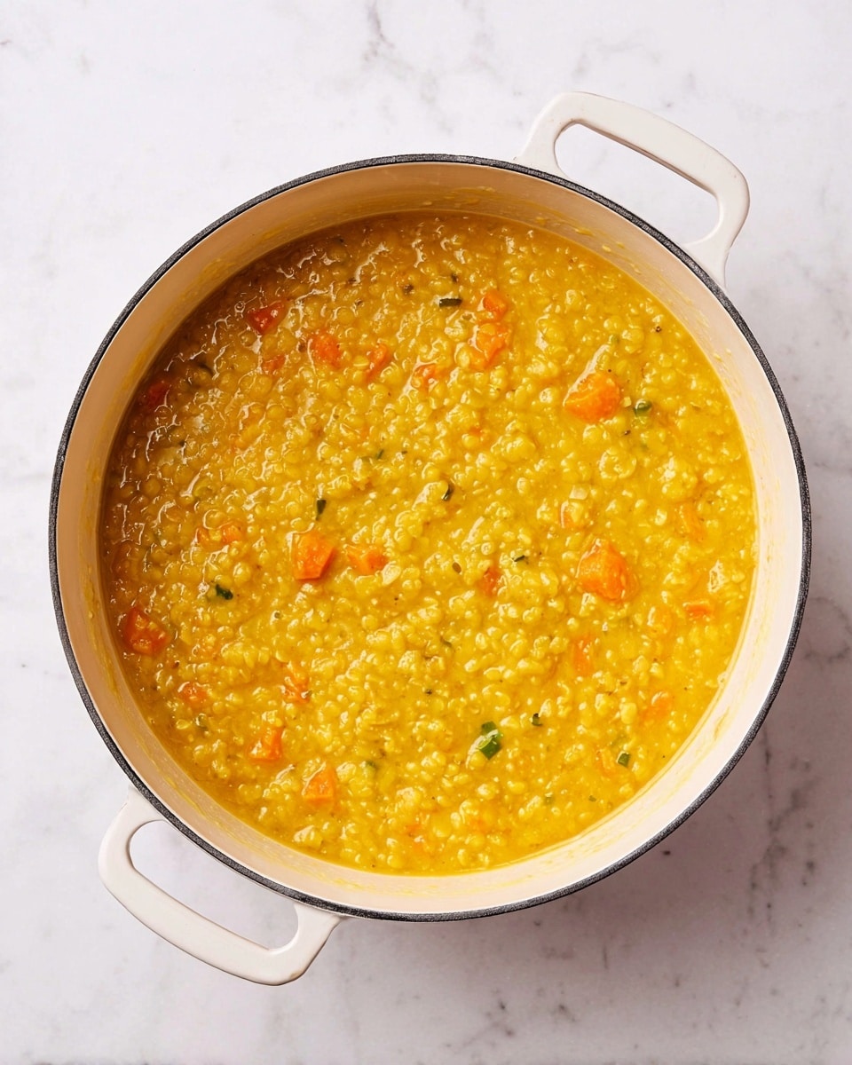 A round white pot with two handles is filled with a thick, yellow lentil stew that has a slightly grainy texture. Small pieces of orange carrots and tiny green bits are visible throughout the stew, giving it a speckled look. The stew has a smooth but chunky consistency, filling the pot almost to the top. The pot is placed on a white marbled surface, showing a clean and bright background. photo taken with an iphone --ar 4:5 --v 7