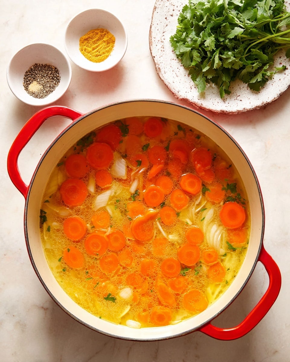 A white inner pot with bright red handles holds a soup with two layers: the bottom layer is a light yellow broth, topped with soft slices of orange carrots and small white chunks of onion floating evenly across the surface; the pot sits on a white marbled surface. Nearby, a white plate holds fresh bright green cilantro leaves, and two small white bowls contain ground yellow seasoning and a mix of black and white pepper. The light is bright and natural, highlighting the colors clearly photo taken with an iphone --ar 4:5 --v 7
