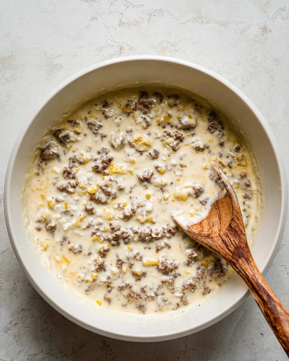 A white bowl filled with a creamy mixture that has small brown bits of meat and small yellow pieces throughout. The mixture looks thick and smooth, covering all ingredients evenly. A wooden spoon with natural grain rests inside the bowl, partially submerged in the creamy mixture. The bowl is set on a white marbled textured surface. photo taken with an iphone --ar 4:5 --v 7