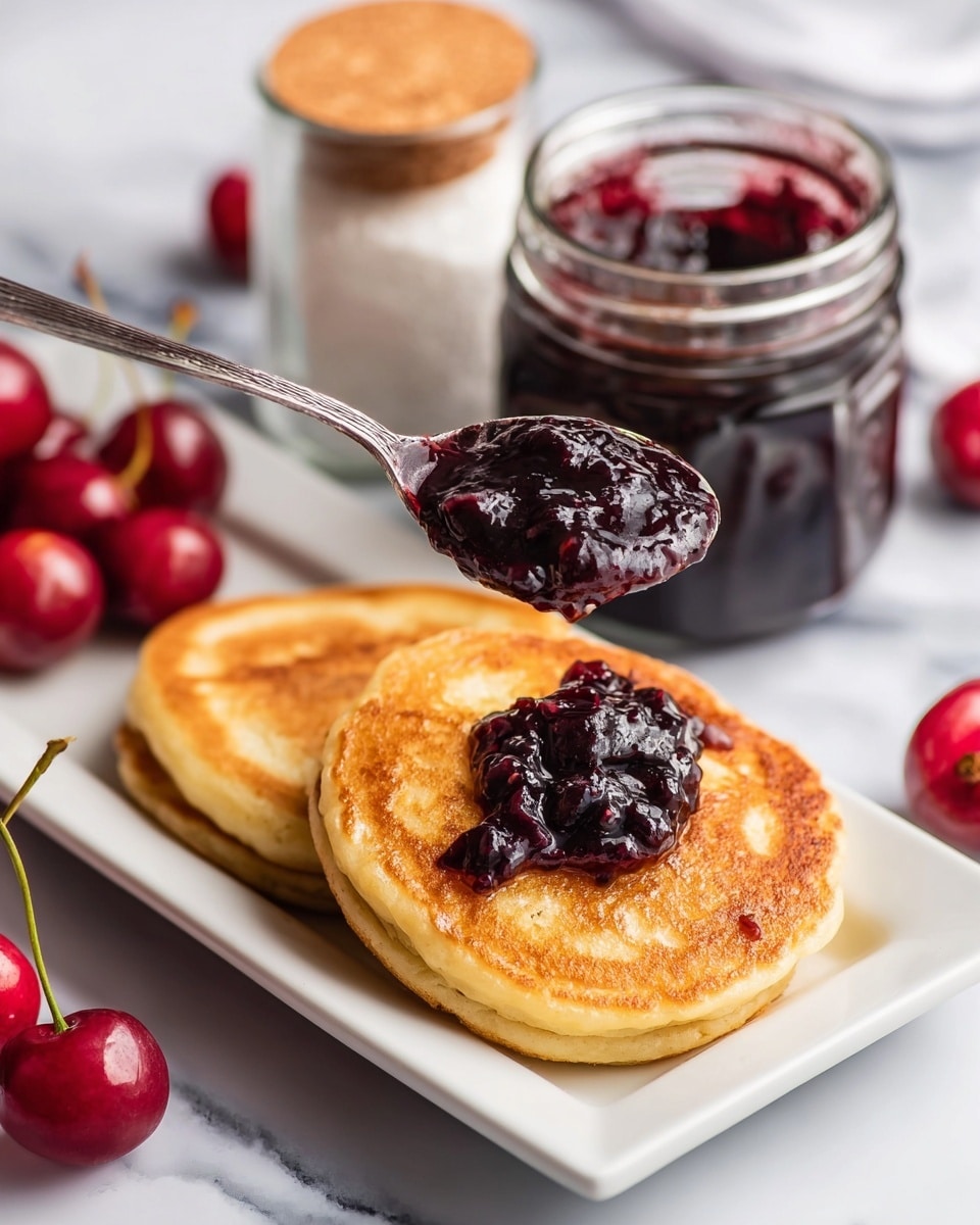 Two golden brown pancakes sit side by side on a white rectangular plate with a small dollop of dark purple cherry jam on the front pancake. A spoon holding a scoop of thick, shiny cherry jam is shown above the pancakes, about to drop jam onto one. To the right of the pancakes is a small glass jar filled with cherry jam, and behind that is a small glass jar with a cork lid containing white sugar. Red cherries are scattered around the plate and the white marbled surface. Photo taken with an iphone --ar 4:5 --v 7