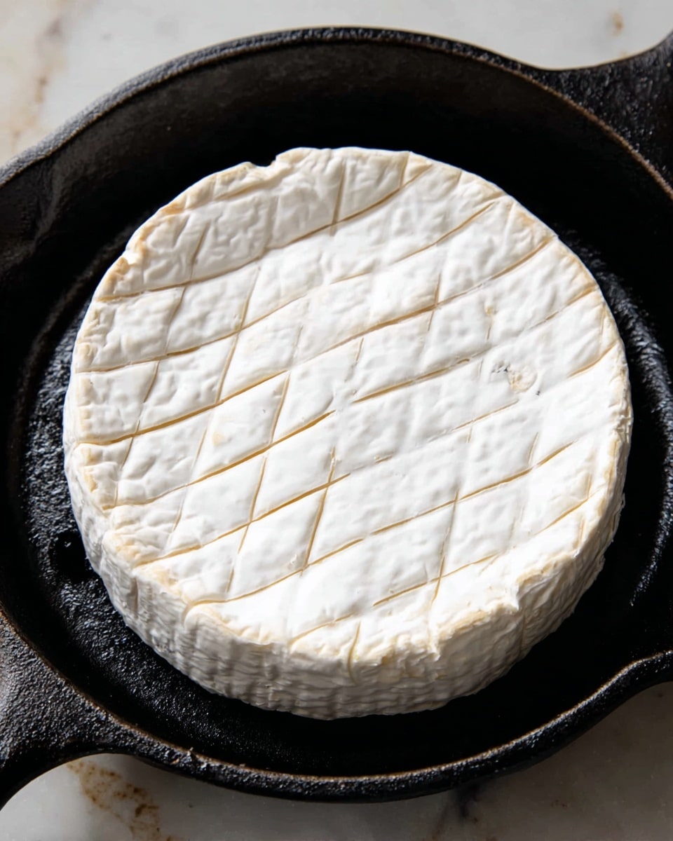 A round white cheese sits in the center of a black cast iron pan, showing a crisscross pattern of shallow cuts on its top layer. The cheese rind looks soft with a subtle textured white surface and slightly roughened edges with a few small cracks. The pan contrasts the smooth white cheese with its dark, slightly glossy and worn surface. The background is a white marbled texture. Photo taken with an iphone --ar 4:5 --v 7