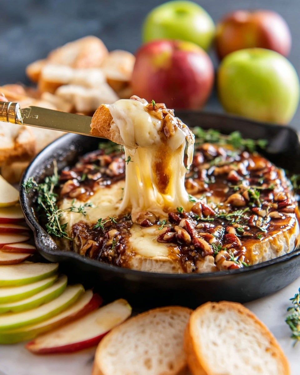 A close-up view of a black skillet filled with melted creamy cheese, topped with a layer of dark brown sauce mixed with nuts, and garnished with green herb sprigs. A woman's hand holds a knife with a golden handle, lifting a long stretchy strip of melted cheese with some sauce. Around the skillet, there are thin slices of white bread and apple wedges placed on a white marbled surface. In the blurred background, whole apples of green and red colors are visible. photo taken with an iphone --ar 4:5 --v 7