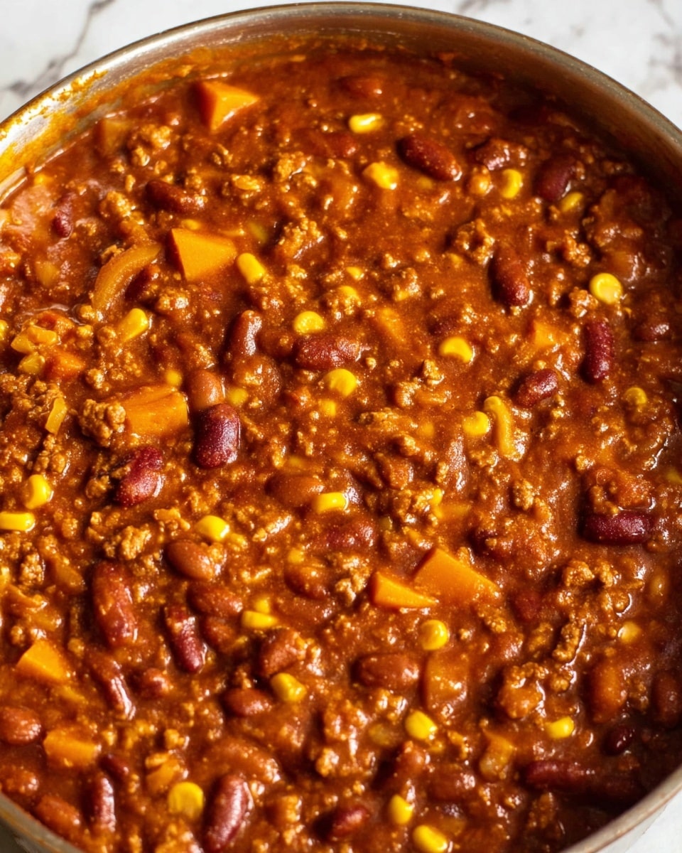 This close-up image shows a thick, chunky chili mixture in a pot, filled with multiple layers of small brown beans, yellow corn kernels, and cubed orange vegetables, all combined in a rich reddish-brown sauce. The texture is hearty, with visible bits of soft onions and ground plant-based meat evenly spread throughout. The colors range from dark brown to bright orange and yellow, giving a warm, comforting feel. The pot's edge is visible, and the background is a white marbled texture. photo taken with an iphone --ar 4:5 --v 7
