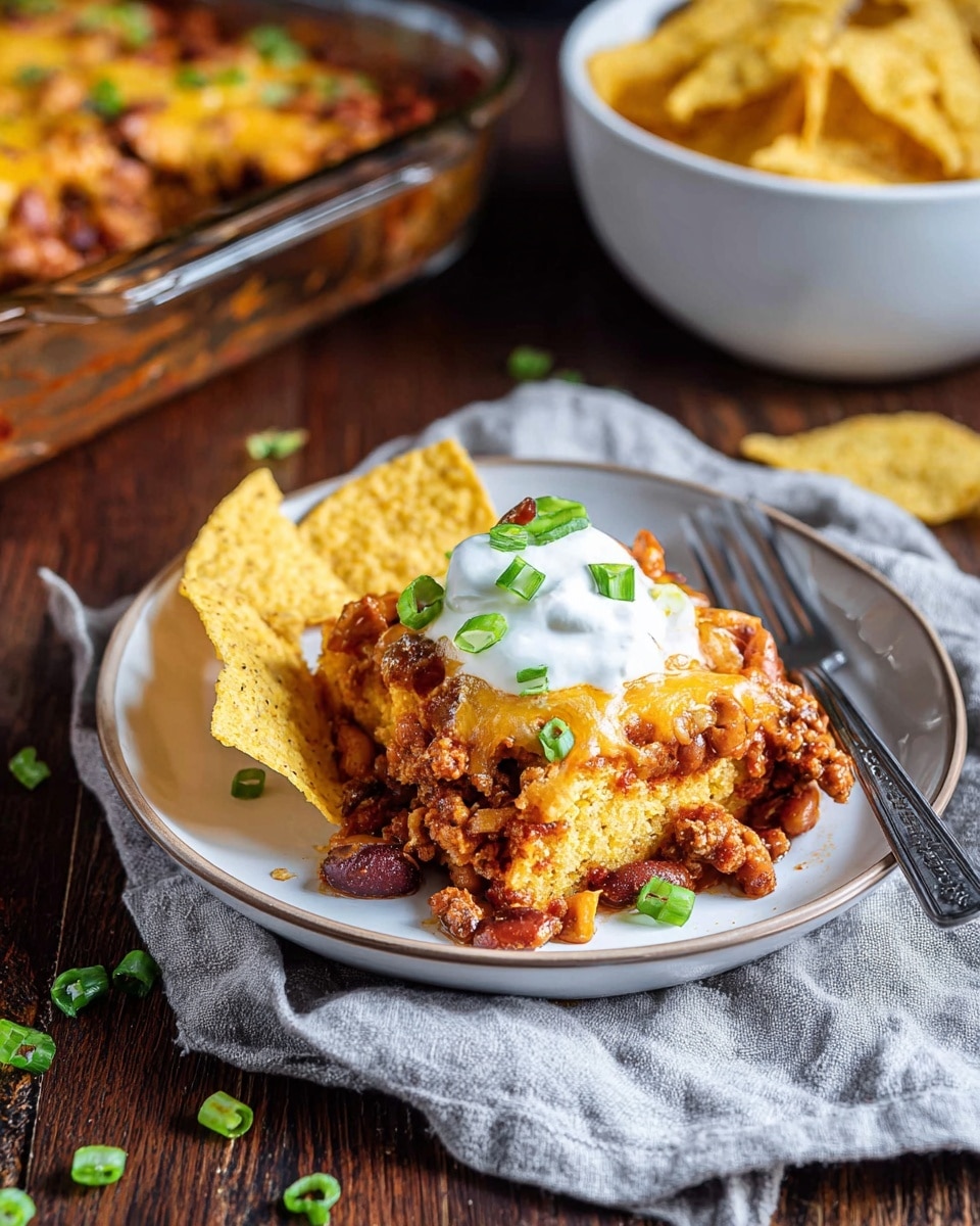 A white round plate holds a layered dish with a base of golden cornbread mixed with reddish-brown baked beans, followed by a melted layer of yellow cheese and bits of ground meat mixed in. A dollop of white sour cream sits on top, garnished with small green onion rings. Next to the layered dish are several yellow tortilla chips standing vertically and lying flat. A silver fork rests on the left side of the plate. In the background, a glass baking dish with more of the layered food is partially visible, alongside a white bowl full of additional yellow tortilla chips. The plate and dishes sit on a dark wooden table with a light gray cloth napkin nearby with some scattered pieces of chopped green onion. Photo taken with an iphone --ar 4:5 --v 7
