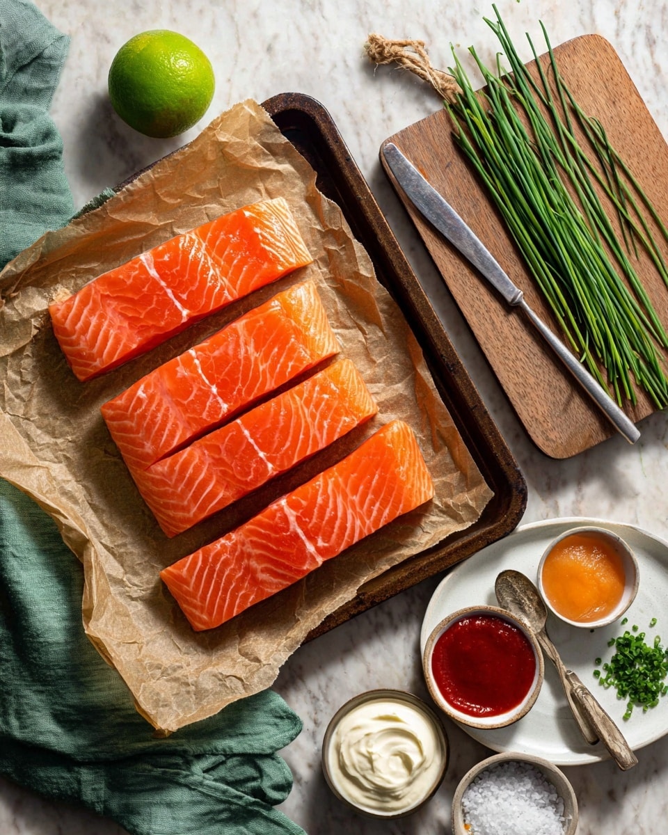 The image shows four raw salmon pieces, bright orange with light white lines, laid out in a single layer on crinkled brown parchment paper on a dark baking tray. To the right, there is a white plate holding three small bowls: one with thick white cream, a second with bright red sauce in a silver spoon, and a third with an orange-colored sauce. Near the plate, there is a small white bowl filled with coarse salt, and to the upper right, a wooden cutting board holds several dark green chive stems with some chopped finely in front. A silver knife lies beside the cutting board. In the top left corner, a green lime sits on a soft, wrinkled green cloth, all set against a white marbled surface. photo taken with an iphone --ar 4:5 --v 7