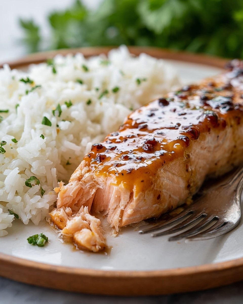 A close-up of a piece of grilled salmon with a shiny brown glaze on top, showing a light pink inside and slightly charred edges. The salmon rests on a bed of white rice sprinkled with small green herbs. Both the salmon and rice sit on a white plate with a smooth texture. A fork lies to the right side of the plate, resting on the white marbled surface beneath it. In the background, there are blurred green leaves. Photo taken with an iphone --ar 4:5 --v 7
