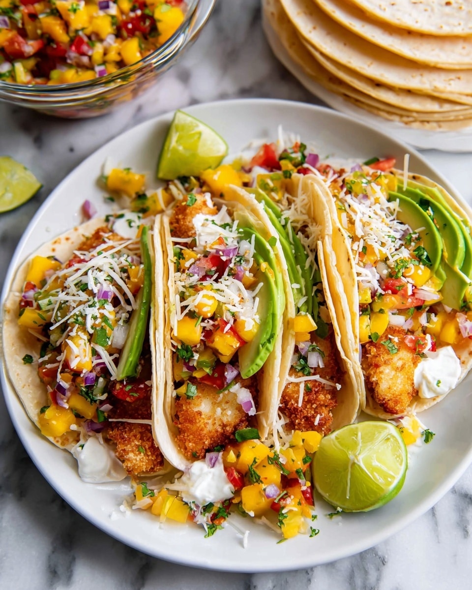 A white oval plate holds five small soft flour tortillas folded in half, each filled with a golden crispy fish strip at the bottom, topped with green avocado slices and bright yellow diced mango mixed with red tomatoes and purple onions, sprinkled with shredded white cheese and fresh green herbs. The tacos are garnished with dollops of white sour cream and lime wedges placed on the plate edges. Nearby on the white marbled surface, a halved avocado with pit, a small glass bowl of colorful salsa, a clear bowl of white sour cream, a stack of soft flour tortillas, and a white bowl filled with shredded cheese are arranged. A red-orange textured cloth and some green cilantro leaves sit at the side. Photo taken with an iphone --ar 4:5 --v 7
