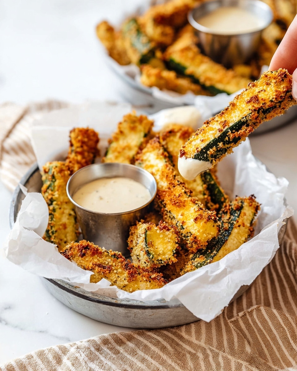 A white metal basket lined with white paper holds several golden brown, crispy baked zucchini sticks with a rough textured coating and visible green zucchini skin on one side. In the basket, there is a small silver cup filled with a creamy white dipping sauce, with one zucchini stick dipped and held by a woman's hand from the left side. In the blurred background, another identical white metal basket with more zucchini sticks and another silver cup of sauce sits on a white marbled surface alongside a beige and brown striped cloth. photo taken with an iphone --ar 4:5 --v 7