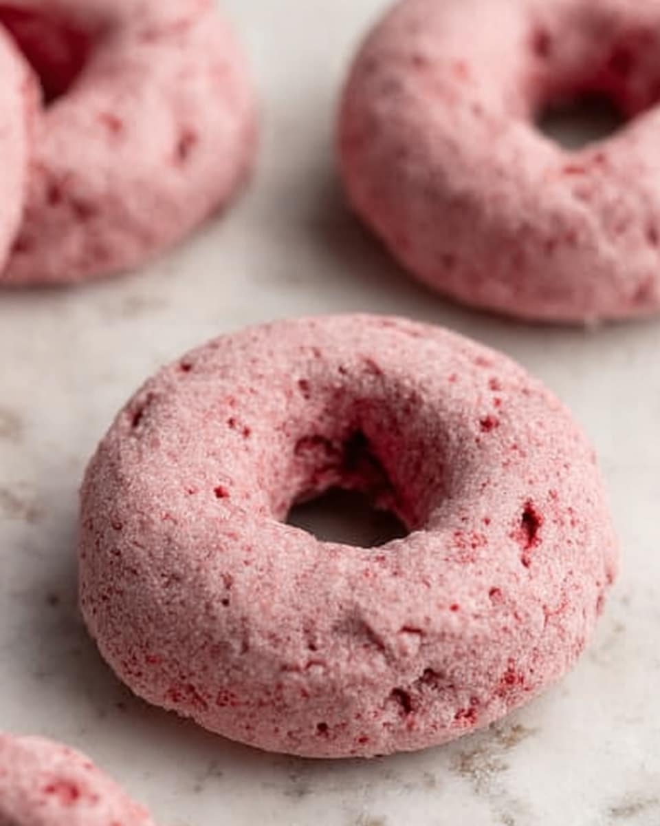 The image shows a close-up of two pink raw doughnuts on a white marbled surface. The doughnuts have a rough and crumbly texture with small red specks throughout, indicating the presence of some berry ingredient. Each doughnut has a classic ring shape with an even hole in the center. There is soft natural lighting that highlights the dough's texture and color. Photo taken with an iphone --ar 4:5 --v 7