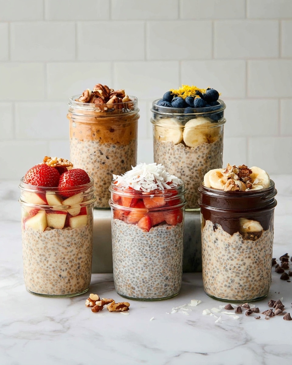 Six glass jars filled with a creamy chia pudding that has tiny dark chia seeds throughout a light beige base. The front left jar is topped with a layer of chopped red apples and brown nuts. Next to it, the front middle jar has a topping of fresh red strawberries and a light brown nut butter layer slightly melted into the pudding. The front right jar is topped with white shredded coconut and dark brown chocolate chips along with some round light beige slices at the base of the jar. Behind them, the back left jar is topped with a thick layer of fresh blue blueberries and small yellow lemon zest shreds. The back middle jar has two layers on top: a thick dark chocolate spread followed by a layer of banana slices with some chopped nuts scattered on top. The back right jar has a dark brown syrup layer topped with crumbled light brown cookie bits. All jars rest on a white marbled surface with a plain white tiled backdrop. Photo taken with an iphone --ar 4:5 --v 7
