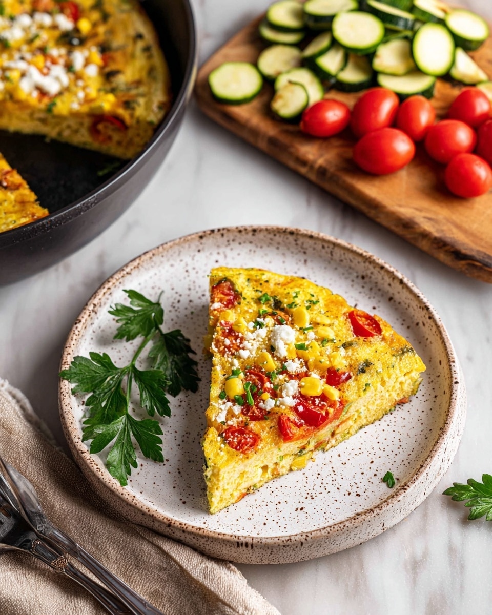 A slice of omelette sits on a white plate with small black speckles, showing three main layers: a yellow cooked egg base dotted with green herbs, a middle layer of bright red and orange cherry tomato pieces mixed with yellow corn, and white crumbled cheese sprinkled on top. Fresh green parsley leaves decorate the side of the plate. In the background, part of the remaining omelette is visible in a dark pan. A wooden cutting board holds chopped green zucchini and whole red cherry tomatoes on a white marbled surface. Two silver forks rest on a beige cloth near the plate. Photo taken with an iphone --ar 4:5 --v 7