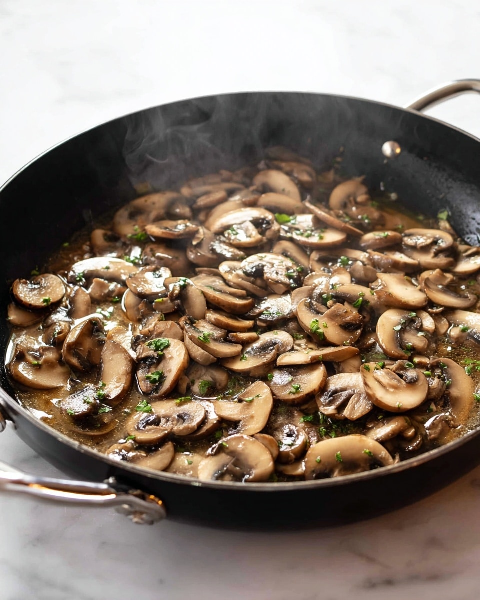A black pan filled with many slices of cooked mushrooms, showing different shades of brown and beige. The mushrooms are thinly sliced and mixed with small green herb pieces, all sitting in a light brown sauce. The pan rests on a white marbled surface, and soft steam rises from the warm mushrooms, showing they are fresh and hot. The pan has silver handles on each side, and the mushrooms cover the pan evenly. photo taken with an iphone --ar 4:5 --v 7