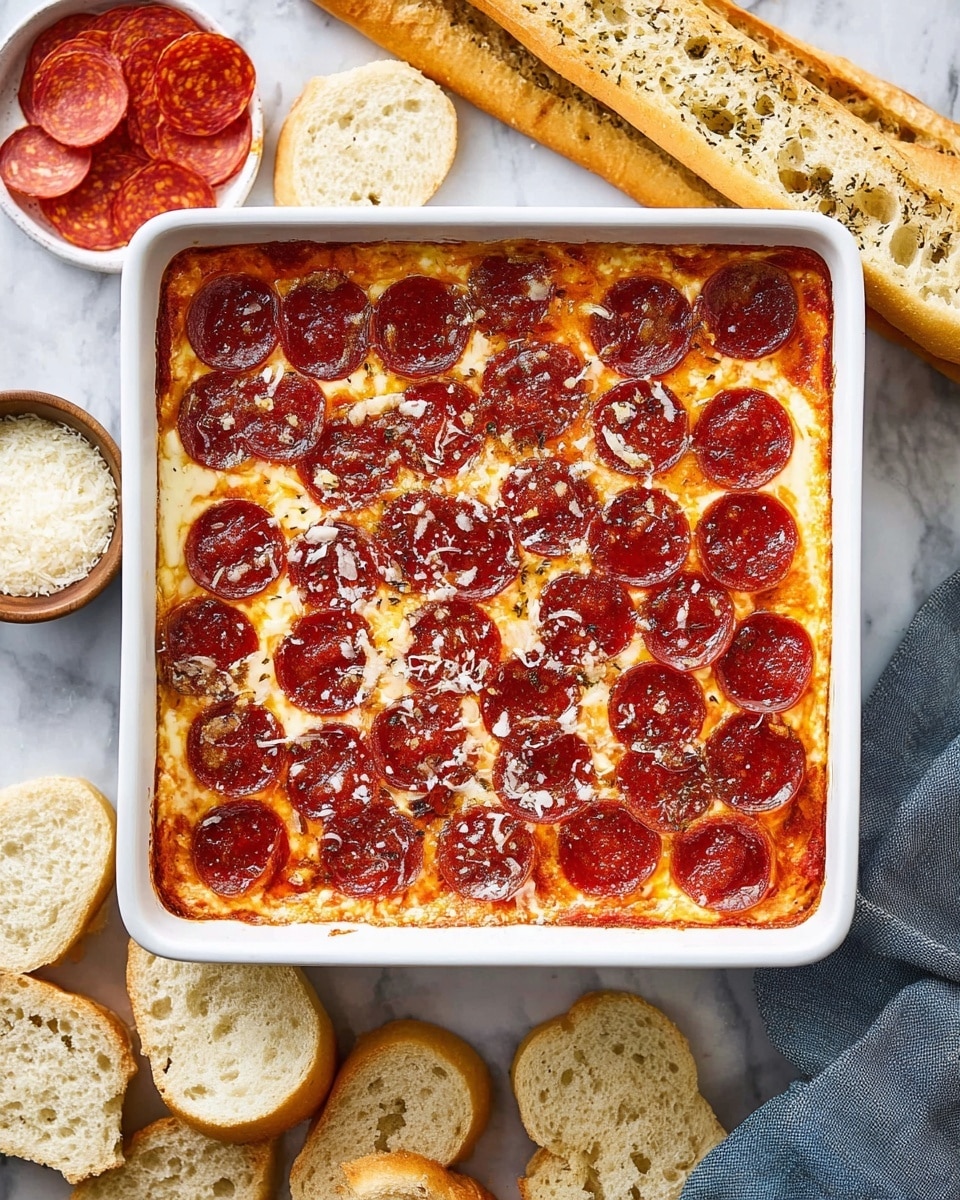 A white plate holds a serving of baked layers including a base of rich red tomato sauce mixed with melted cheese, topped with several round, glossy slices of deep red pepperoni and scattered with grated white cheese. Beside the layered dish is a piece of golden focaccia bread sprinkled with dark green herbs and a slice of light beige bread with large airy holes. The plate sits on a white marbled surface with some grated cheese scattered around. photo taken with an iphone --ar 4:5 --v 7