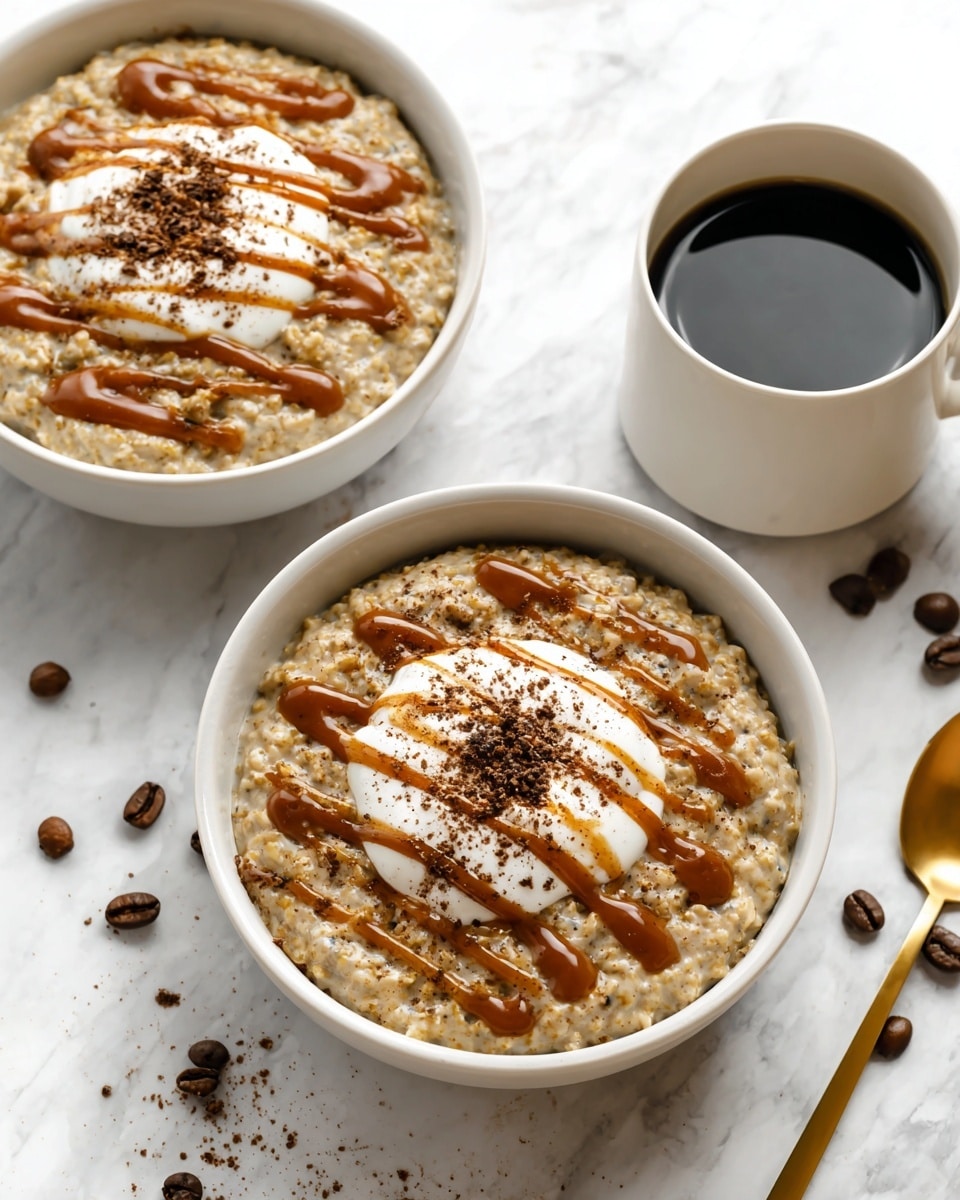 Two white bowls filled with a creamy oatmeal mixture that has a speckled, grainy texture. Each bowl shows a dollop of white cream or yogurt in the center, topped with zigzag lines of caramel or brown syrup and sprinkled with dark brown powder like cinnamon or cocoa. The bowls are placed on a white marbled surface with some scattered coffee beans around. A white cup filled with black coffee is positioned near the bowls, and a gold spoon lies next to the front bowl. photo taken with an iphone --ar 4:5 --v 7