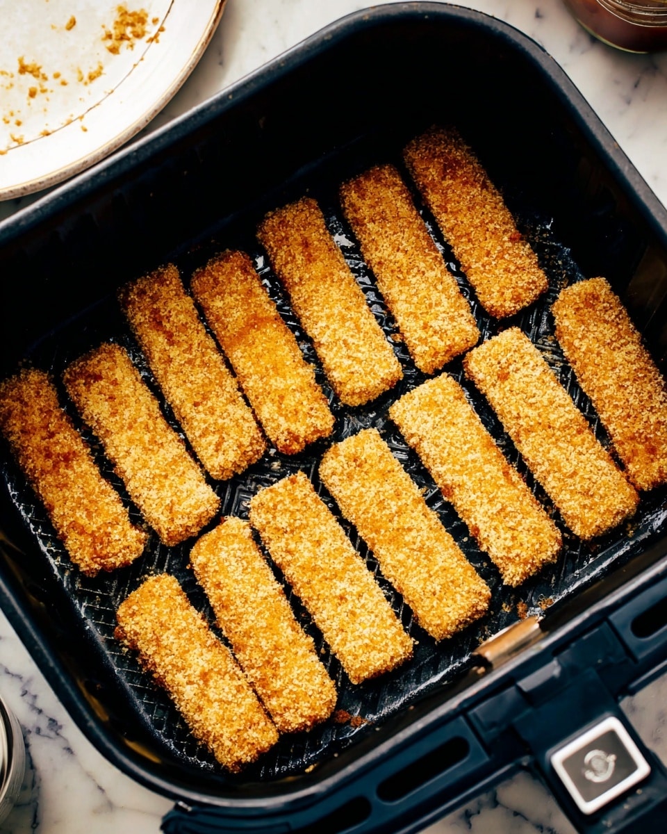 The image shows a black air fryer basket filled with 15 breaded food sticks arranged in three rows, each stick golden brown and covered with a crispy textured coating. The basket sits on a white marbled surface, and parts of a white plate and a bottle are visible on the side, the plate showing some crumbs. The sticks are evenly spaced, and the lighting highlights their crunchy texture, making them look ready to be cooked. Photo taken with an iphone --ar 4:5 --v 7