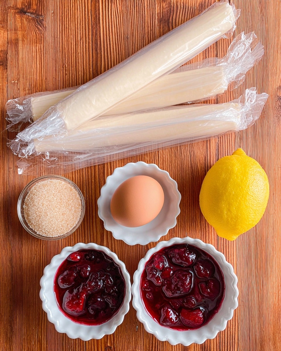 The image shows ingredients for a dessert on a wooden surface. There are three long, thin rolls wrapped in clear plastic, placed in the upper left. Near the center, a light brown egg sits in a small white scalloped dish. To the right of the egg, a bright yellow lemon is visible. Below these, there are two opened cans filled with dark red fruit in syrup, showing chunks of fruit inside. In the bottom left, another small white scalloped dish holds light brown sugar crystals. The background is changed to a white marbled texture. photo taken with an iphone --ar 4:5 --v 7