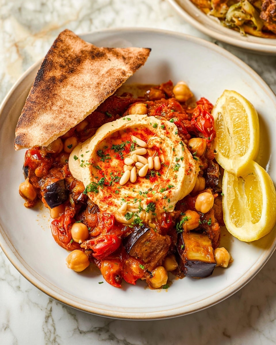 The dish is served on a white plate with a thick base layer of stewed, soft chickpeas mixed with bright red cooked tomato pieces and dark brown grilled eggplant chunks. On top of this is a smooth, light beige dollop of hummus with a swirl of red sauce in the center and a few small pine nuts sprinkled on it. A piece of folded, brown grilled flatbread leans against the stewed mixture on one side. To the side of the plate are two lemon wedges, showing their bright yellow color. The plate rests on a white marbled surface. Photo taken with an iphone --ar 4:5 --v 7
