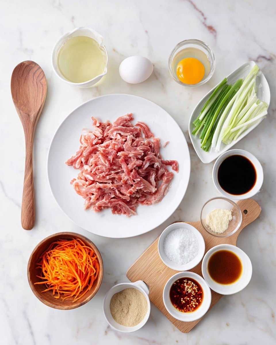 A white round plate is placed in the center with a pile of thin, pink strips of raw meat layered loosely. Surrounding it are small white bowls and a wooden bowl: one filled with shredded orange carrots, another with sliced green onion strips, a bowl with white powder, one with light brown sugar, and one with dark soy sauce. Also present is an egg in a white cup, a small cup with a clear liquid, and a glass cup holding a pale yellow liquid. A small wooden cutting board holds three small white bowls containing light brown sauce, white powder, and chili sauce with visible flakes. All these items are spread neatly on a white marbled surface with a wooden spoon laying diagonally on the left. Photo taken with an iphone --ar 4:5 --v 7