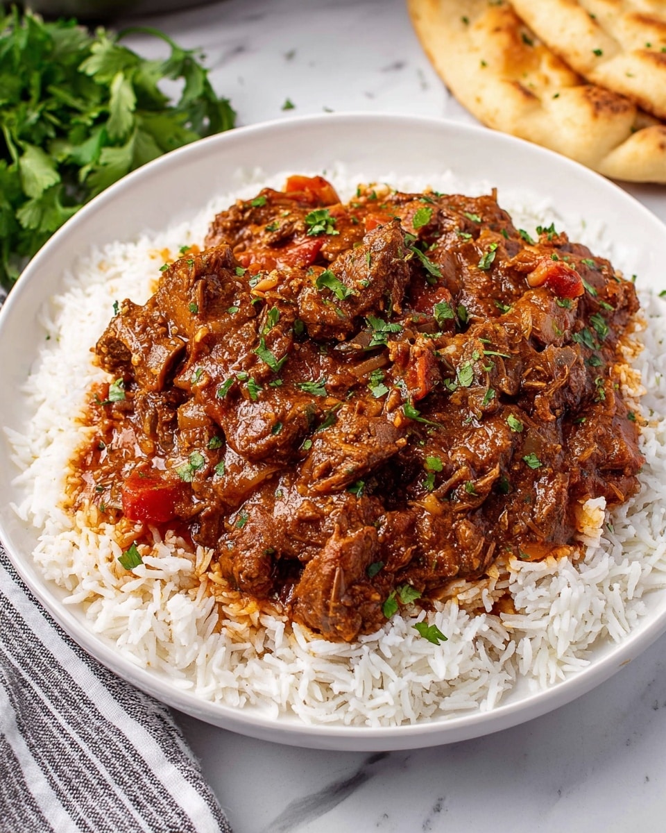The image shows a white plate with two layers: the bottom layer is white rice with a soft and slightly fluffy texture, and the top layer is rich brown meat stew with bits of red from tomatoes and some green herbs sprinkled on top. The stew looks thick and covers the rice fully, with a few glossy spots from the sauce. The plate is placed on a white marbled surface, and there is part of a striped cloth near the edge of the image along with some green herbs and lightly browned flatbread nearby. Photo taken with an iphone --ar 4:5 --v 7