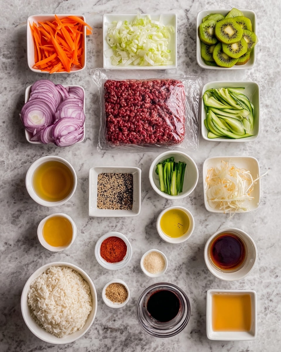 The image shows various ingredients neatly arranged on a white marbled surface. In the center is a package of dark red ground meat in plastic wrap. Around it are small white bowls and ramekins filled with colorful ingredients: chopped white onions, sliced green scallions, sliced kiwi fruit, thin carrot strips, thin cucumber slices, and light orange kimchi. There’s a square white bowl filled with cooked white rice in the lower left. Small round dishes hold brown sugar, red chili flakes, black and white sesame seeds, pink salt, black pepper, and garlic cloves. Small white cups contain different sauces and liquids in yellow, dark brown, light yellow, and reddish colors. A white bowl also contains thinly sliced red onions. Everything is carefully placed in a grid-like pattern. Photo taken with an iphone --ar 4:5 --v 7