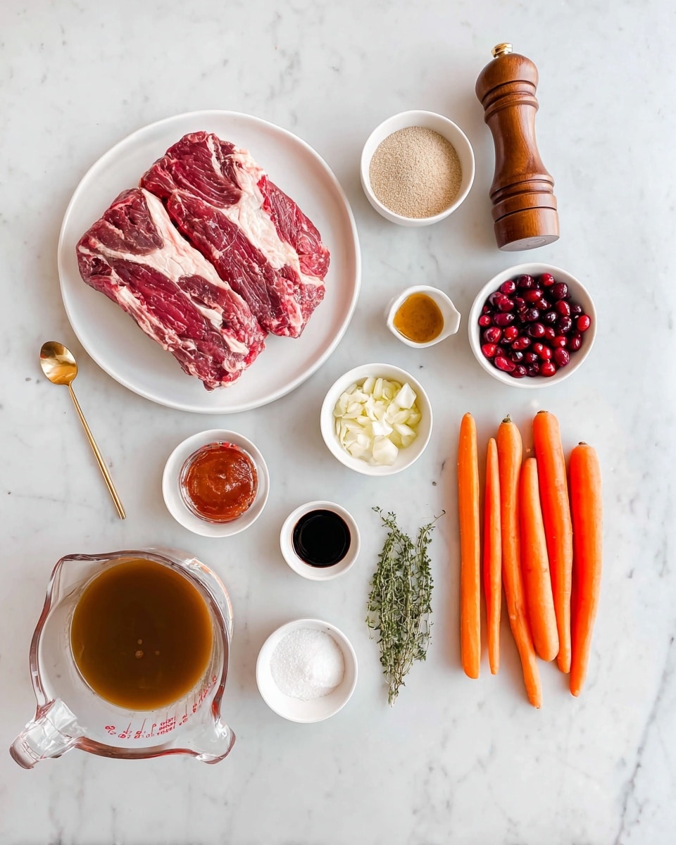 The image shows raw red meat with white fat marbling on a white round plate at the top left. To the right, there is a small white bowl with light brown powder. Below it, another white bowl contains red cranberries. Further right, a clear container holds dark liquid. Five bright orange carrots are arranged vertically beside the container. At the bottom left, a glass measuring cup is filled with brown broth. Near it, an open can displays red paste. A small wooden bowl holds white onion pieces next to a small white bowl of light yellow garlic cloves. A tiny white bowl with dark sauce and a small white dish with green herbs with fine leaves are placed slightly above. A wooden pepper grinder and a white dish with coarse white salt and a golden spoon complete the setup, all arranged neatly on a white marbled surface. Photo taken with an iphone --ar 4:5 --v 7