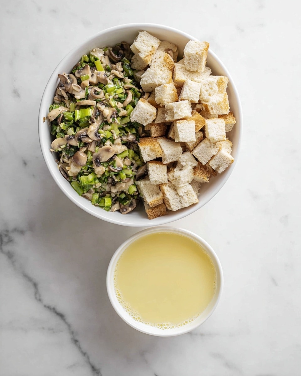 A white bowl on a white marbled surface contains two layers: the bottom half has a mixed chopped filling of green herbs, small mushroom pieces, and light green vegetables, while the top half is filled with light beige cubed bread pieces. Below and centered under the bowl is a smaller clear glass bowl filled with a smooth, light yellow liquid. Photo taken with an iphone --ar 4:5 --v 7