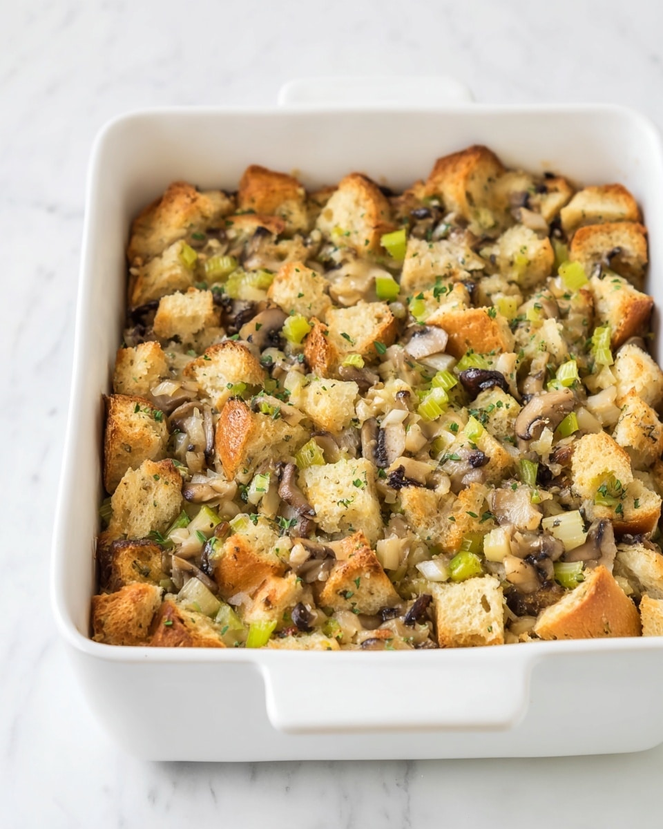 A baked dish in a white rectangular ceramic baking dish, filled with cubed bread pieces that are golden brown and slightly crispy on top. Mixed throughout are chopped mushrooms and green celery pieces, along with small bits of herbs, creating a textured and chunky surface with a combination of light brown, green, and tan colors. The bread cubes look soft inside with some browned edges from baking. The dish is placed on a white marbled surface. photo taken with an iphone --ar 4:5 --v 7