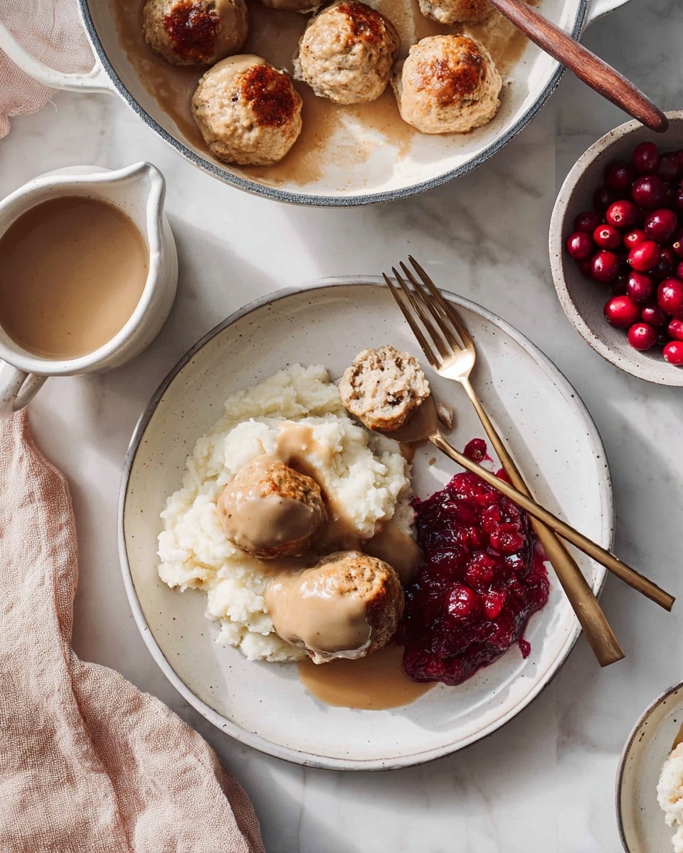 The image shows a white plate with three main layers: a base of fluffy white mashed potatoes with a smooth texture, a layer of two golden-brown meatballs coated with light brown creamy gravy placed on the right side, and a bright red cranberry sauce with whole berries on the far right edge. A fork and knife with gold handles rest on the plate near the cranberry sauce, with the fork holding a piece of meatball covered in gravy. Above, a white pan holds five meatballs partly covered in the same light brown gravy, with a spoon resting inside. To the left, a white cup holds extra gravy, and in the upper right corner, a white bowl contains more cranberries in sauce. The setting is on a white marbled surface with soft natural light. photo taken with an iphone --ar 4:5 --v 7
