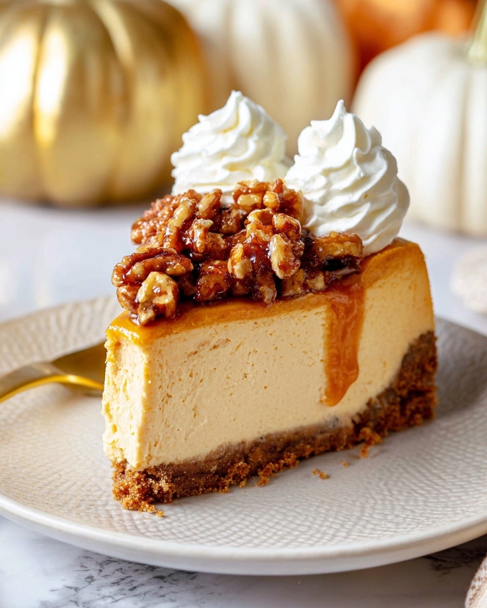 A thick slice of creamy light orange cheesecake with a crumbly tan crust sits on a white speckled plate, resting on a white marbled surface. The cheesecake is topped with a generous layer of glossy, dark caramel-coated chopped pecans that overflow slightly. Around the edge of the cheesecake are dollops of smooth, white whipped cream, evenly spaced. A slice is being lifted, showing the dense, smooth texture of the cheesecake and the sticky caramel dripping slightly down the side. Photo taken with an iphone --ar 4:5 --v 7