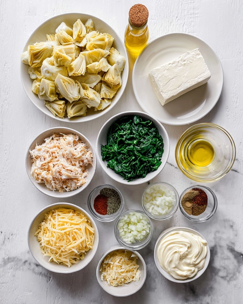 The image shows several white bowls and plates arranged on a white marbled surface filled with ingredients. At the top is a bowl full of pale yellow artichoke pieces, to its right a white plate with a block of cream cheese that is smooth and white. Below the artichokes is a bowl of light beige shredded crab meat, and to its right is a bowl of bright green chopped spinach. Moving down, there is a small bowl with shredded light yellow cheese, next to it a bowl with thick, creamy white mayonnaise with swirled texture, and below that is another bowl with finely chopped white onions. To the left are three small bowls and a glass bottle with light golden oil; two small bowls hold mixed dry spices in dark green, black, and brown colors, and reddish brown color, another contains minced light brown garlic. The clear glass bottle has a cork stopper and is filled with pale yellow oil. The arrangement is neat and well spaced. photo taken with an iphone --ar 4:5 --v 7