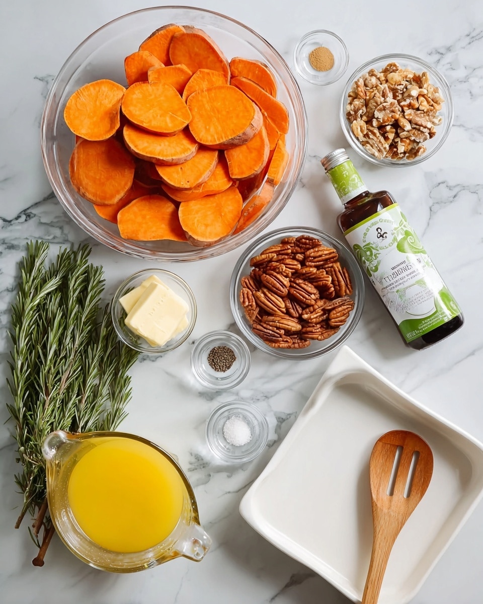 The image shows a clear glass bowl full of thick orange sweet potato slices on the top left, next to a small bunch of fresh green rosemary sprigs. To the right, there is a small clear bowl with whole pecans, a bowl with light brown sugar, and a bottle of vanilla extract with a green and white label. On the bottom left, there is a glass measuring cup with bright yellow melted butter, small glass bowls containing salt and cracked black pepper, and a wrapped stick of pale yellow butter. In the bottom right, a white square pan holds a wooden slotted spoon resting inside. All items are arranged neatly on a white marbled surface. Photo taken with an iphone --ar 4:5 --v 7