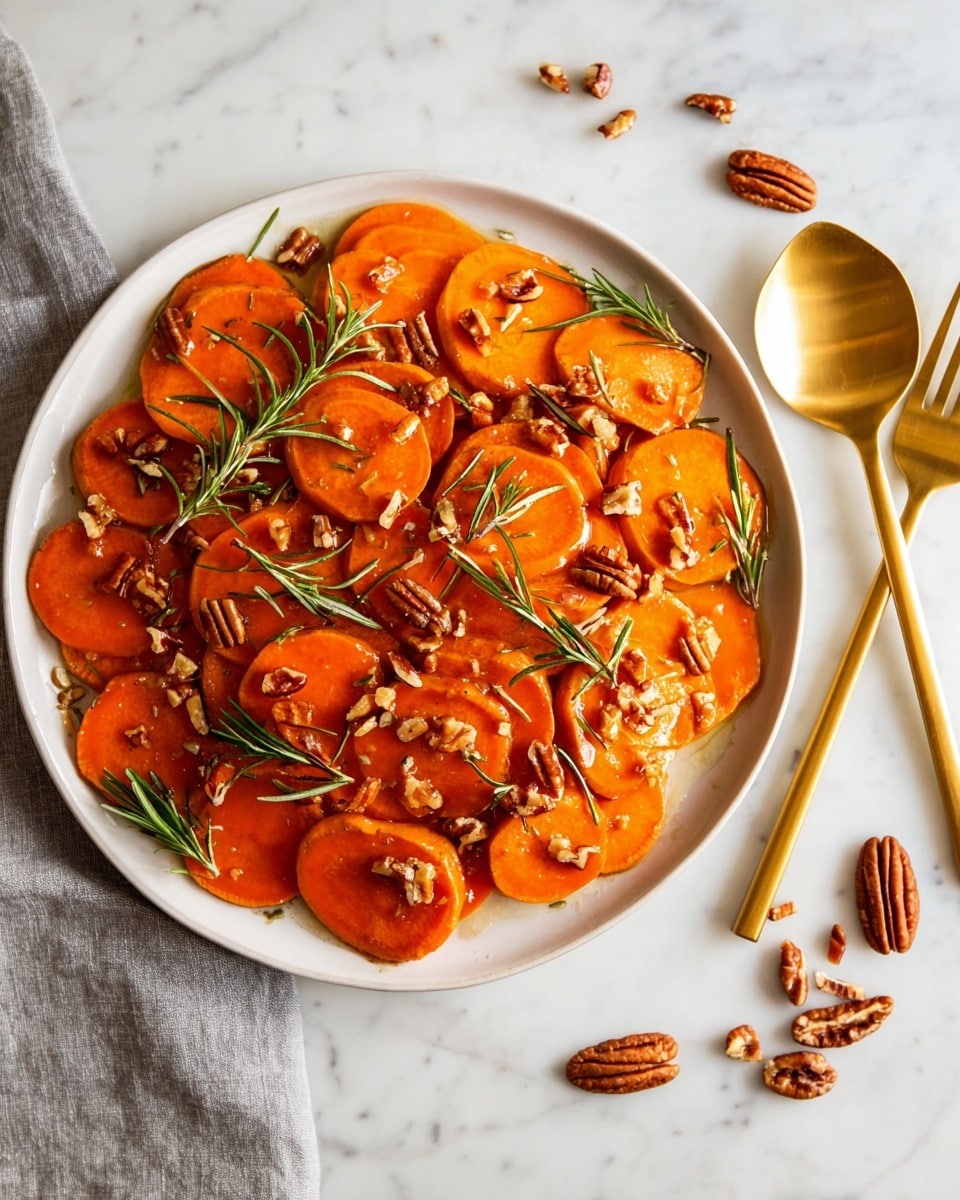 This image shows many thick round slices of bright orange sweet potatoes layered closely together. The sweet potatoes are covered in a shiny brown glaze. Small pieces of brown pecans are scattered evenly over the top. Sprigs of fresh green rosemary and small chopped rosemary leaves are spread around the dish. The background is a white marbled texture. photo taken with an iphone --ar 4:5 --v 7