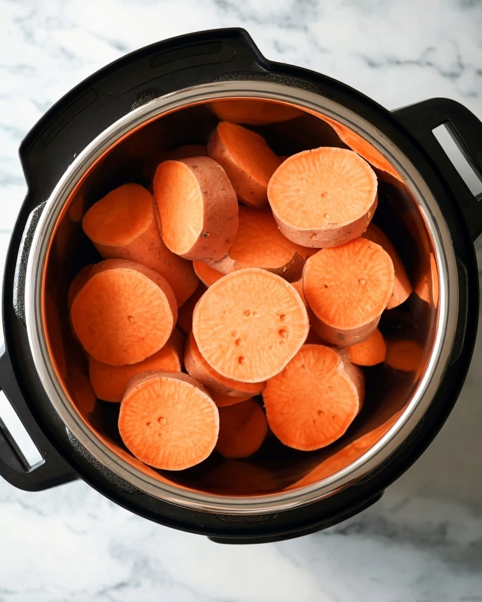 A black pot with a shiny silver inside is filled with several thick, round slices of bright orange sweet potatoes stacked evenly on top of each other. The pot sits on a white marbled surface with soft lighting that highlights the smooth texture of the sweet potatoes, making them look fresh and firm. Photo taken with an iphone --ar 4:5 --v 7