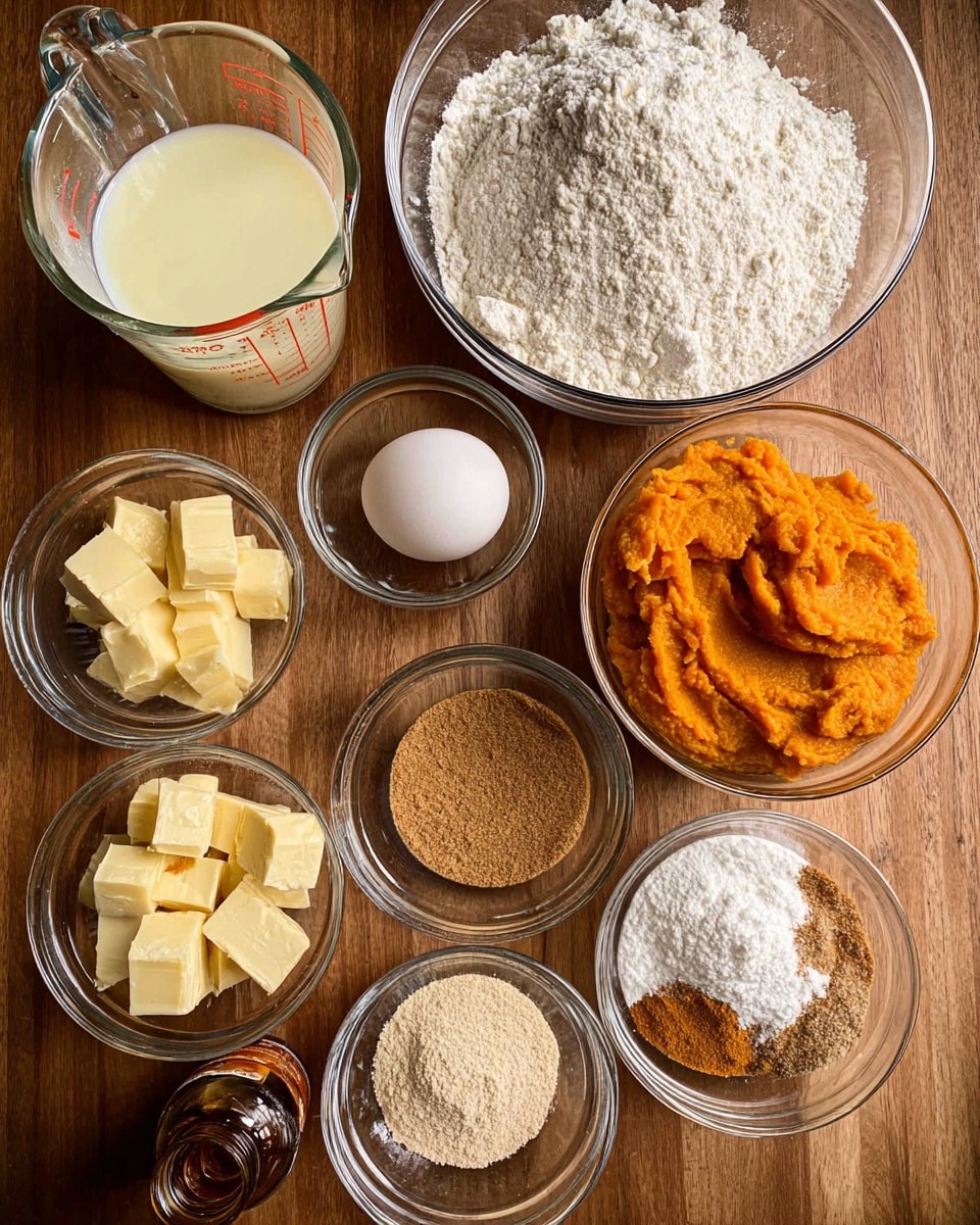 The image shows several clear glass bowls and a clear glass measuring cup arranged on a wooden table, each holding different baking ingredients. There is one large bowl full of white flour at the top center, a bowl with orange pumpkin puree to the right, and a bowl with brown sugar beside it. Below them, smaller bowls contain yellow butter chunks, a mixture of white powdered ingredients with brown spices, and a grainy brown powder. A clear glass measuring cup filled with a pale yellow liquid sits on the left, near a single white egg positioned in the center. There is also a small brown bottle, likely vanilla extract, next to a bowl with white milk at the bottom left. The surface is a wooden table. photo taken with an iphone --ar 4:5 --v 7