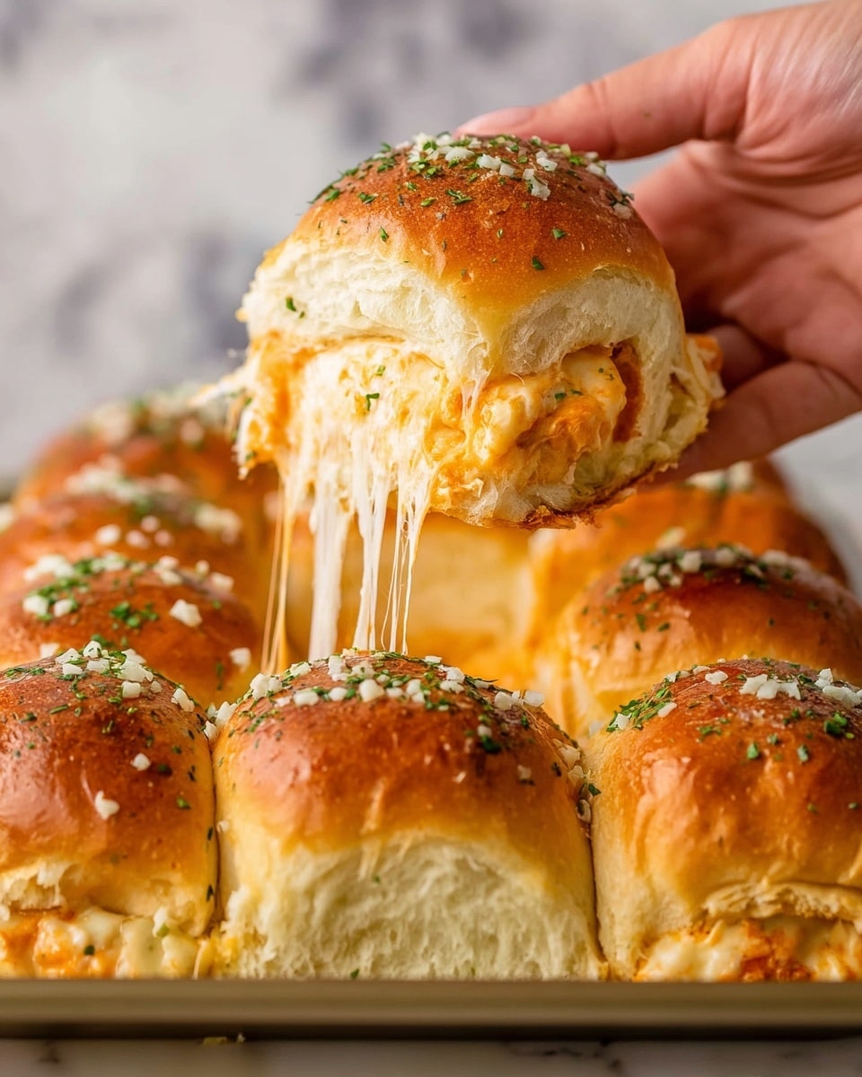 A close-up view of a group of soft golden brown sandwich buns, each with a shiny top sprinkled with green herbs and small white seasoning bits. One sandwich is being lifted by a woman's hand, showing thick melty white and orange cheese stretching between the top and bottom buns. Inside the sandwich, there are juicy orange chunks mixed with creamy melted cheese. The buns look fluffy and fresh with a slightly shiny texture, stacked tightly in a tray. The background has a soft, blurry look with a white marbled surface beneath the tray. photo taken with an iphone --ar 4:5 --v 7