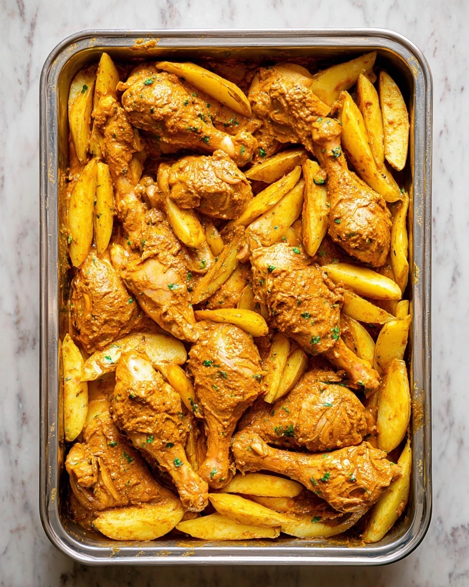 The image shows a metal baking tray filled with raw chicken pieces and potato wedges, all coated in a thick, orange-brown marinade with small green herb bits. There are about nine chicken pieces, mixed between drumsticks and thighs, distributed evenly through the tray. The potato wedges are scattered around and between the chicken, showing a bright yellow color with the same marinade coating. The marinade gives a textured, slightly chunky look to the chicken and potatoes. The tray sits on a white marbled surface. Photo taken with an iphone --ar 4:5 --v 7