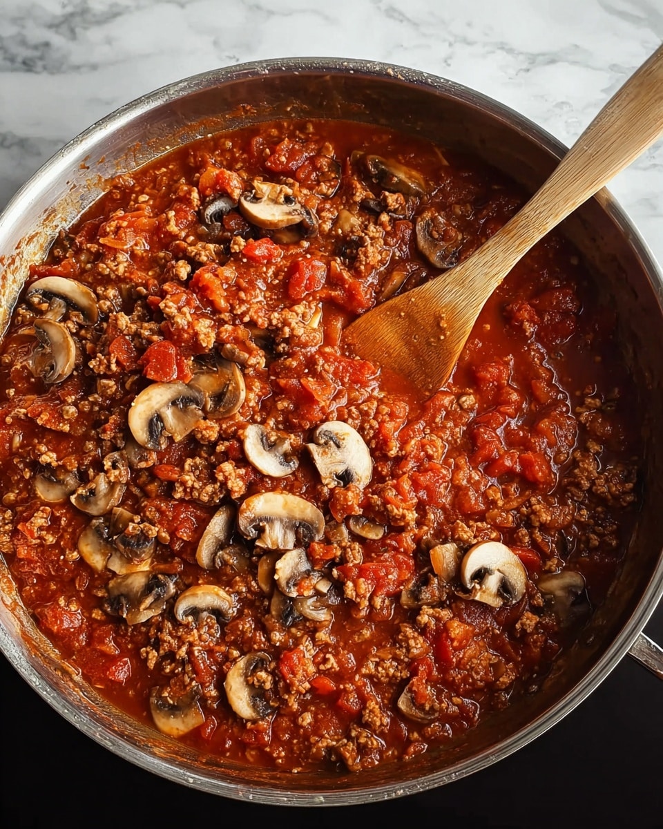 A large silver pan filled with a rich tomato sauce mixed with browned ground meat and sliced mushrooms, the sauce is thick and chunky with visible pieces of tomato and mushrooms spread evenly throughout, a wooden spoon rests inside the pan stirring the sauce, the background is a white marbled texture, photo taken with an iphone --ar 4:5 --v 7