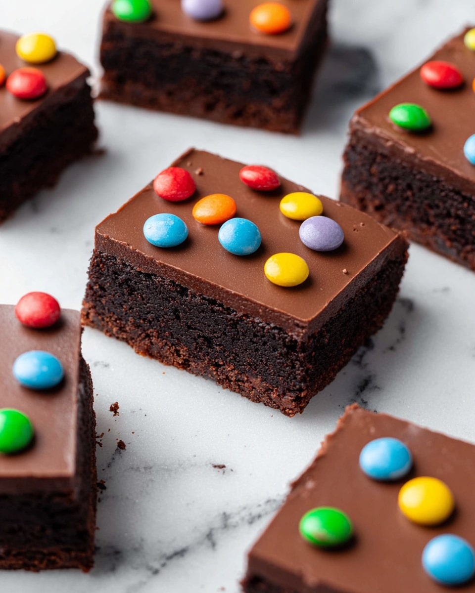 The image shows several square chocolate brownies with a thick, smooth layer of glossy chocolate frosting on top. Each brownie piece has a rich, dark brown color with a moist texture in the bottom layer and a shiny chocolate layer above it. Scattered on the frosting are small round candies in bright colors like green, blue, purple, orange, yellow, and red, adding a playful touch. The brownies are placed on a white marbled surface, with one piece in the center in clear focus and others around it slightly blurred. photo taken with an iphone --ar 4:5 --v 7