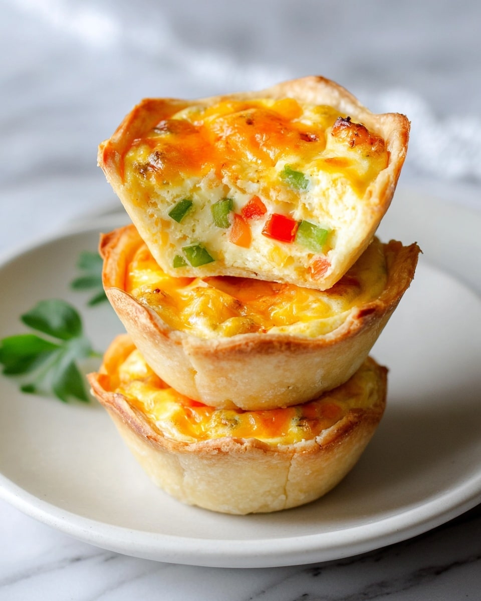 There are three mini egg and cheese tarts stacked on a white plate. Each tart has a light golden-brown crust that curls slightly at the edges. Inside, the filling is creamy yellow mixed with melted cheese on top that has a slight orange tint. Diced small pieces of green and red vegetables are visible in the filling, adding spots of color. The plate is set on a white marbled surface with a small green leaf on the side. Photo taken with an iphone --ar 4:5 --v 7