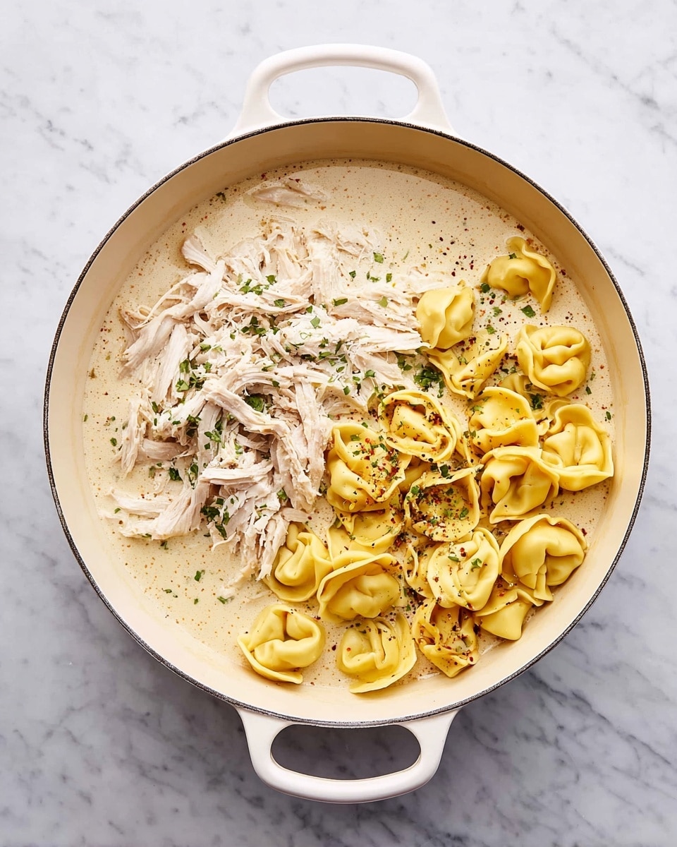 A white pan with two handles sits on a white marbled surface. Inside the pan, a creamy light beige sauce covers the base. On the left side, there is shredded pale white meat. On the right side, yellow tortellini pasta with a smooth texture are placed close together. The sauce has small flecks of herbs and spices scattered throughout. The image shows the dish before mixing. photo taken with an iphone --ar 4:5 --v 7
