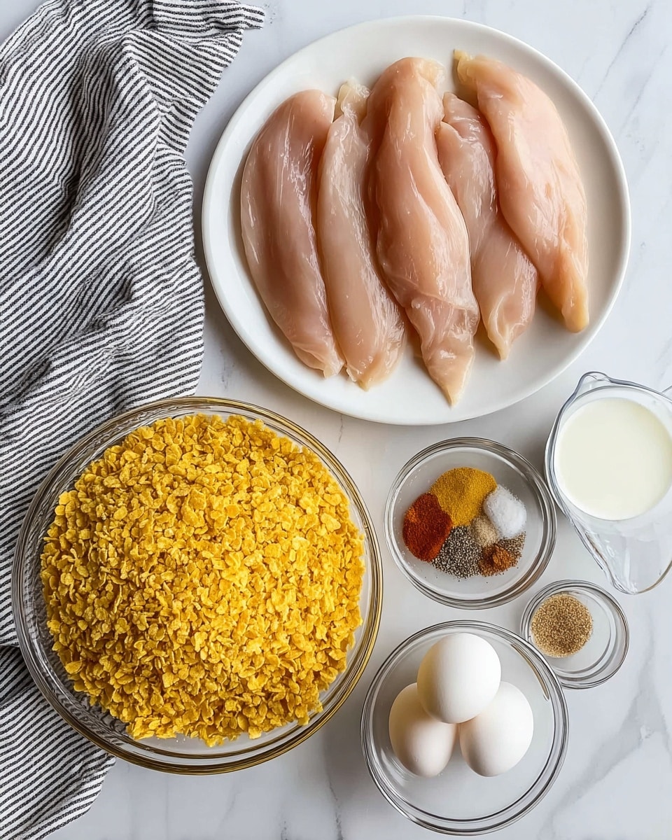 A white round plate sits at the top center holding about ten raw chicken strips neatly arranged in a single layer, light pink in color with a smooth texture. Below the plate is a large clear glass bowl filled with bright yellow crushed corn flakes, coarse and crumbly. To the right of the large bowl are two small clear glass bowls, the upper one containing two whole white eggs side by side, and the lower one holding a mix of seasonings including salt, pepper, paprika, and garlic powder in small piles, showing varied brown, red, black, and white colors. Next to the seasoning bowl is a small clear glass measuring cup filled with white milk. On the left edges of the image, a black and white striped cloth is partially visible. The background is a white marbled surface. Photo taken with an iphone --ar 4:5 --v 7