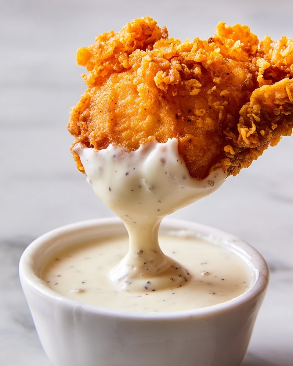 A single piece of golden, crispy fried chicken with a bumpy, crunchy texture is being dipped into a thick, creamy white sauce with tiny black pepper spots. The chicken is held above a small white bowl filled to the top with the smooth sauce, which is dripping slightly off the edges. The background shows a white marbled surface. photo taken with an iphone --ar 4:5 --v 7