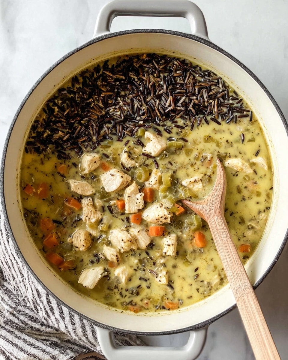 A white pot filled with a thick soup or stew that has visible layers of ingredients on top. On the left side, there is a dense layer of dark wild rice, while the right side is covered with two clusters of light beige cooked chicken pieces. The soup base is creamy and light yellow-green with small bits of orange carrots and green celery scattered throughout. A wooden spoon with a flat edge extends into the pot from the bottom right side, partially dipped in the soup. The pot sits on a white marbled surface with a striped cloth partially visible on the left side photo taken with an iphone --ar 4:5 --v 7