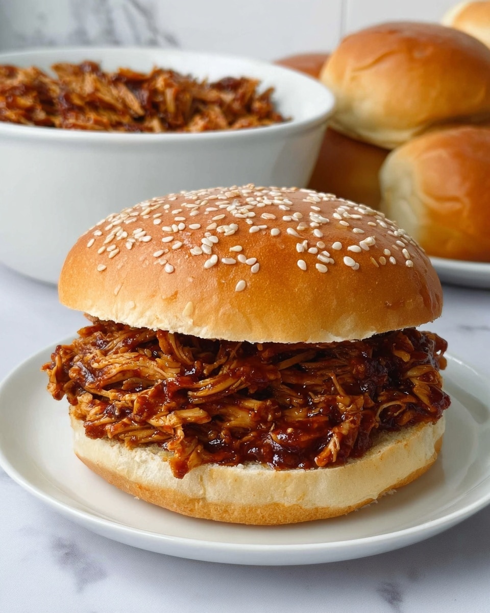 A close-up of a sandwich with three layers: the top layer is a golden-brown sesame seed bun with small white seeds evenly spread; the middle layer consists of shredded meat covered in a thick, dark reddish-brown sauce with a rich, slightly shiny texture; the bottom layer is a soft, light golden bun. The sandwich sits on a plain white plate against a white marbled surface. In the background, there is a white bowl filled with more shredded meat in sauce and some additional seeded buns. Photo taken with an iphone --ar 4:5 --v 7