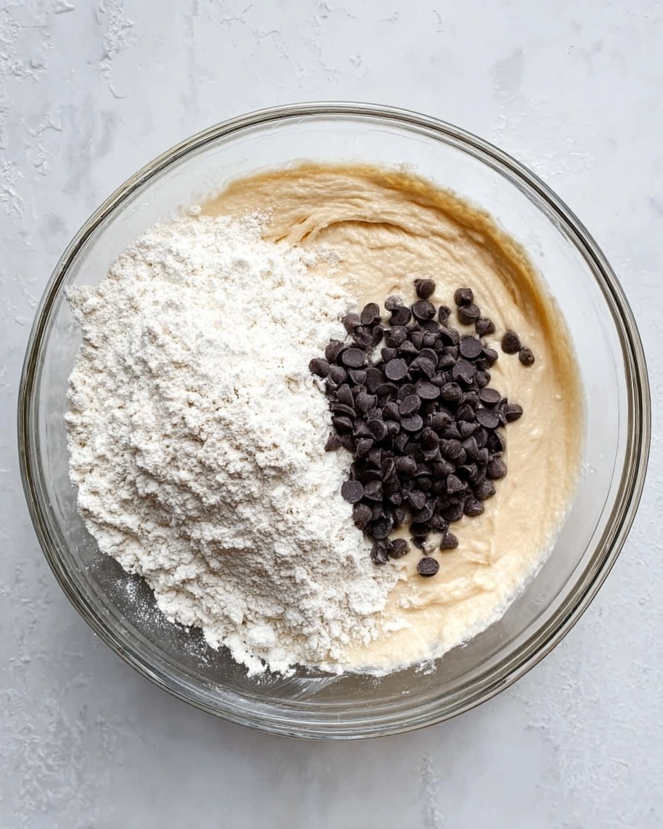 A clear glass bowl filled with a thick, pale beige batter on one side, with a pile of white flour on the left and a small pile of dark brown chocolate chips on top of the batter near the center. The bowl is placed on a white marbled texture surface. The scene looks bright and clean, showing a simple view of ingredients ready to be mixed. Photo taken with an iphone --ar 4:5 --v 7